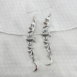 Extra Long Celestial Bat Dangle Earrings, Antique Silver, Gothic Earrings